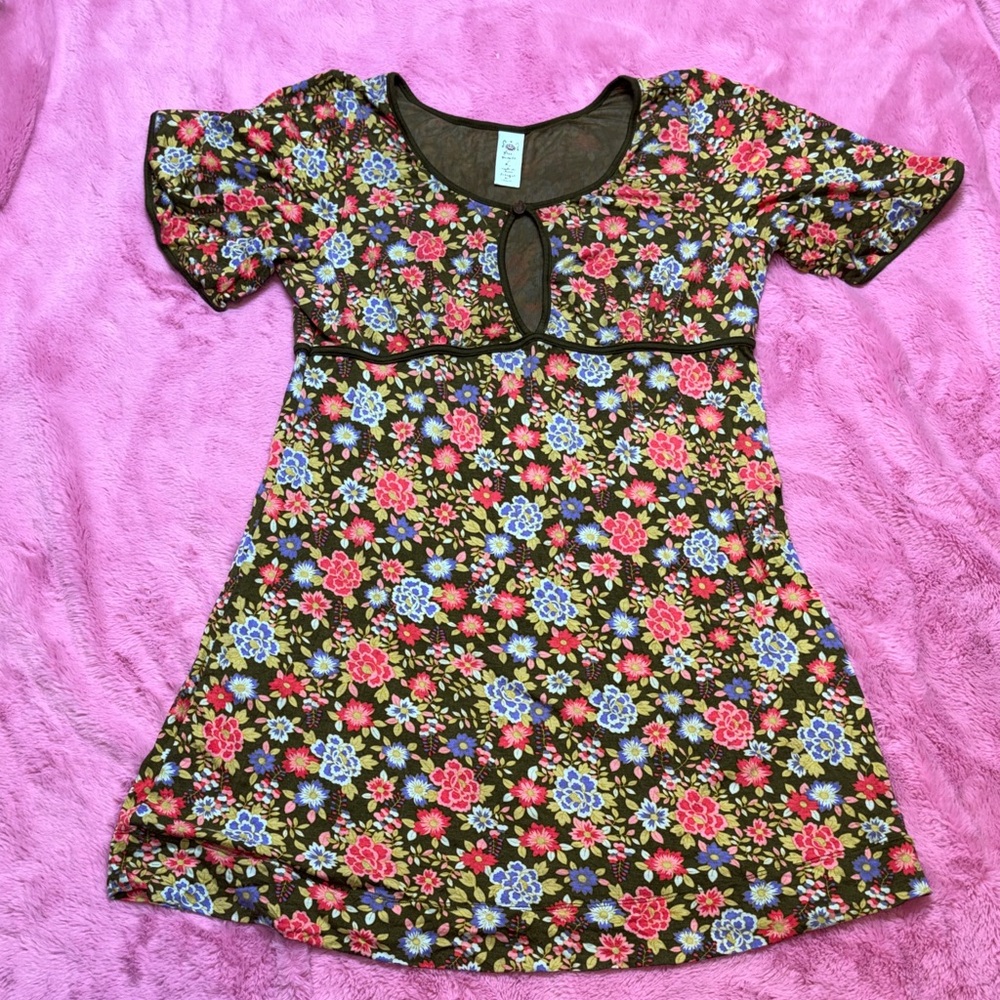 Free People Red, Blue, Yellow Floral Cap Sleeve Mini Dress with Keyhole Cutout